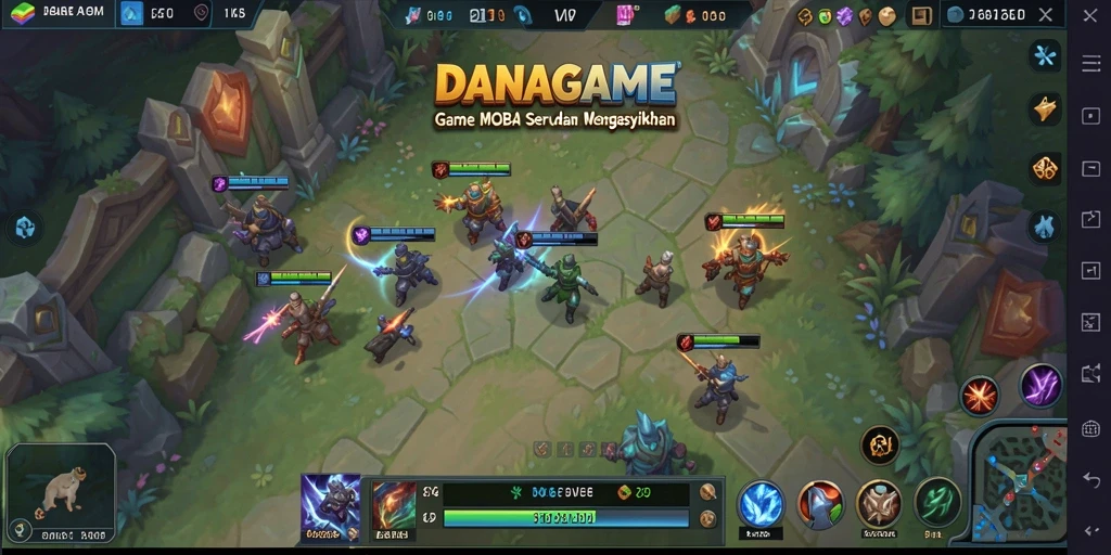 Tangkapan layar permainan DANAGAME dengan pertarungan seru di arena MOBA.