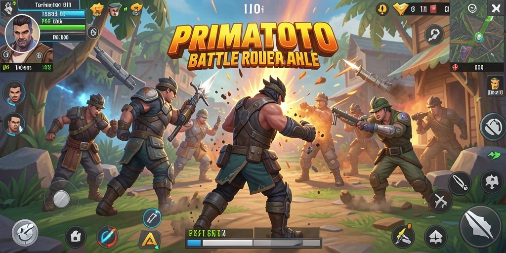 Screenshot tampilan gameplay seru di PRIMATOTO Battle Royale.